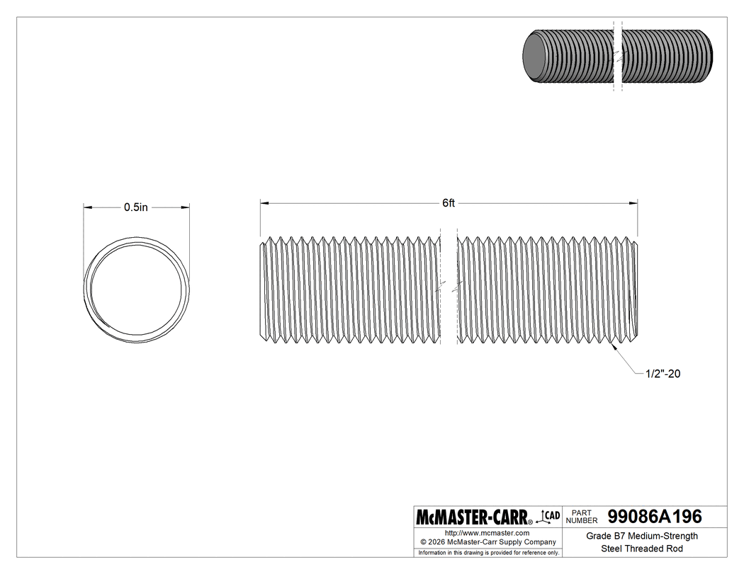 Technical Drawing of Grade B7 Medium-Strength Steel Threaded Rod, Zinc Yellow-Chromate Plated, 1/2"-20 Thread Size, 6 Feet Long.